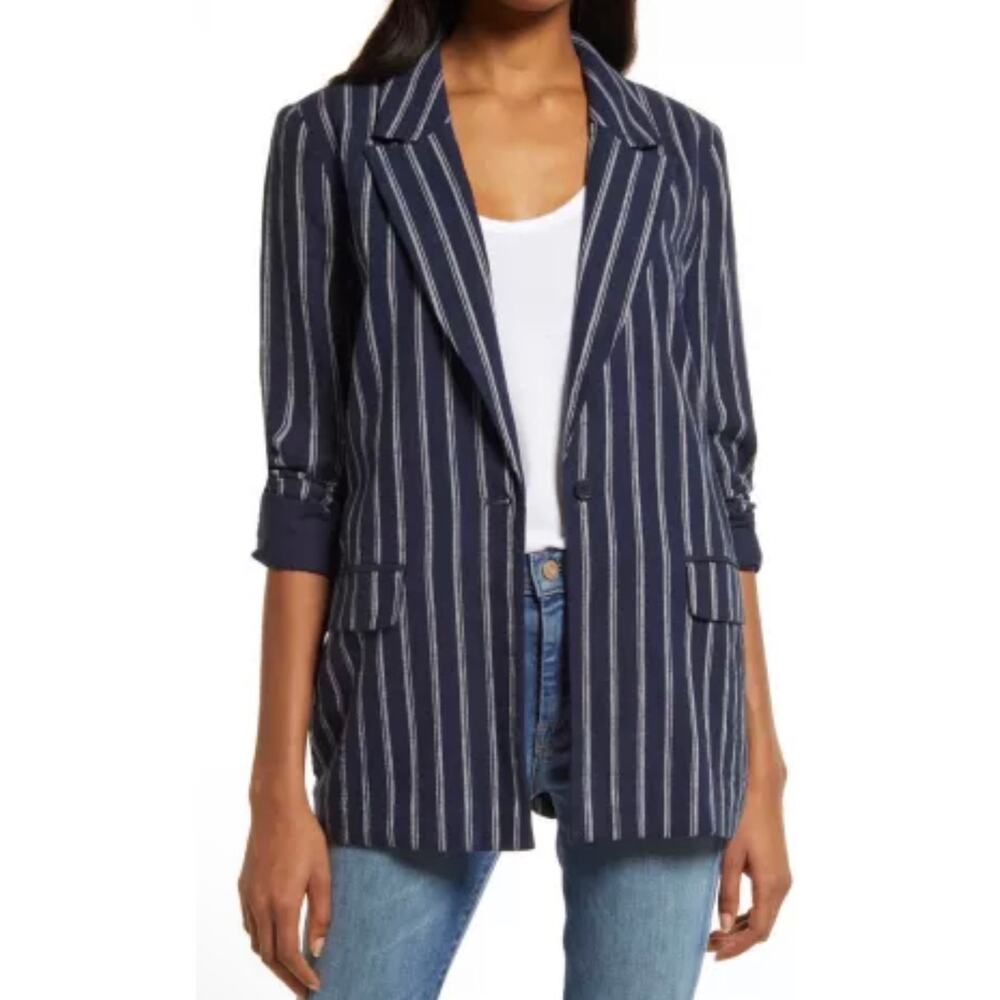 Nordstrom‎ Treasure & Bond Linen Blend Navy Pinstripe Blazer, size Large
